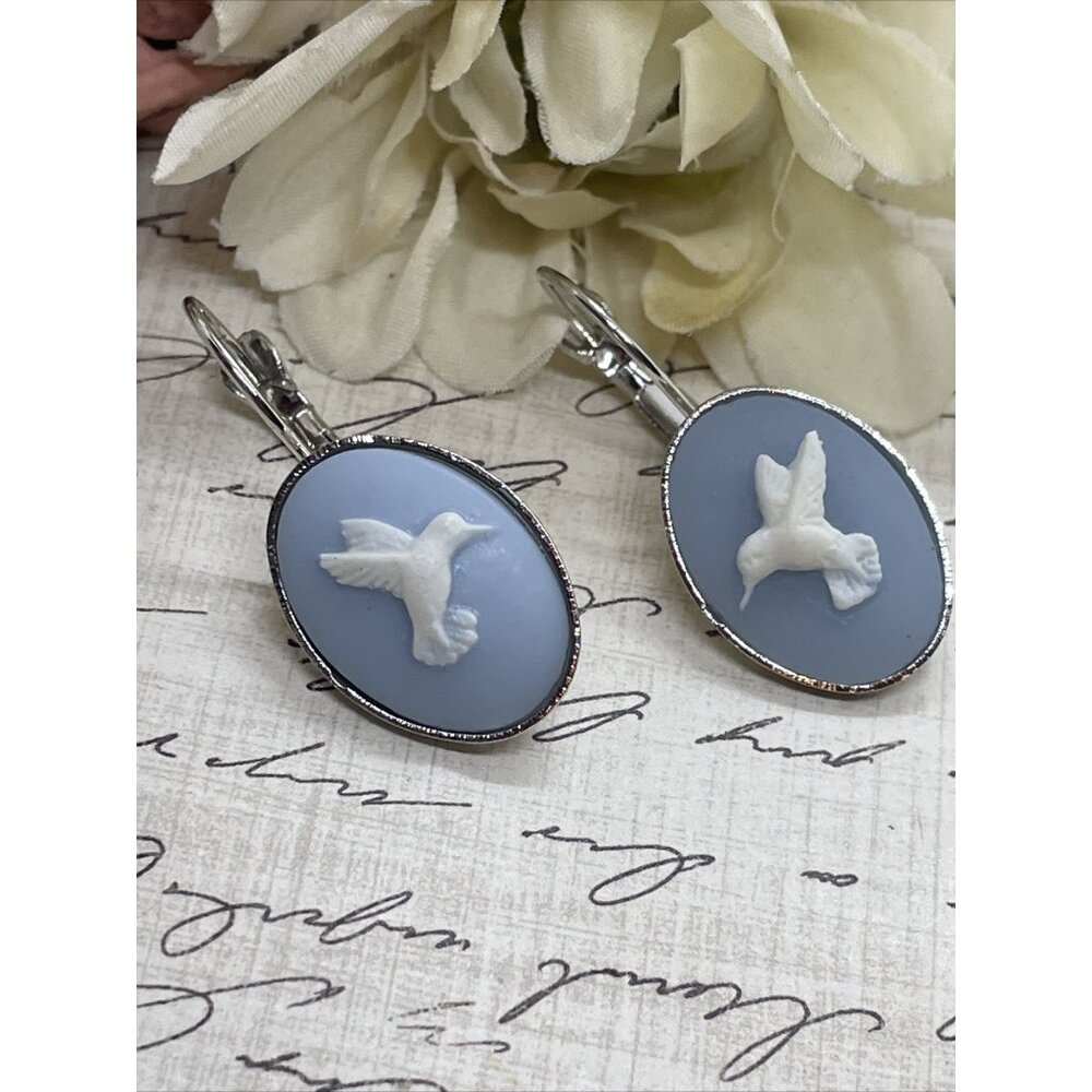 Blue White  Hummingbird Silver Boutique French Wire Cameo Earrings Wedding Mom